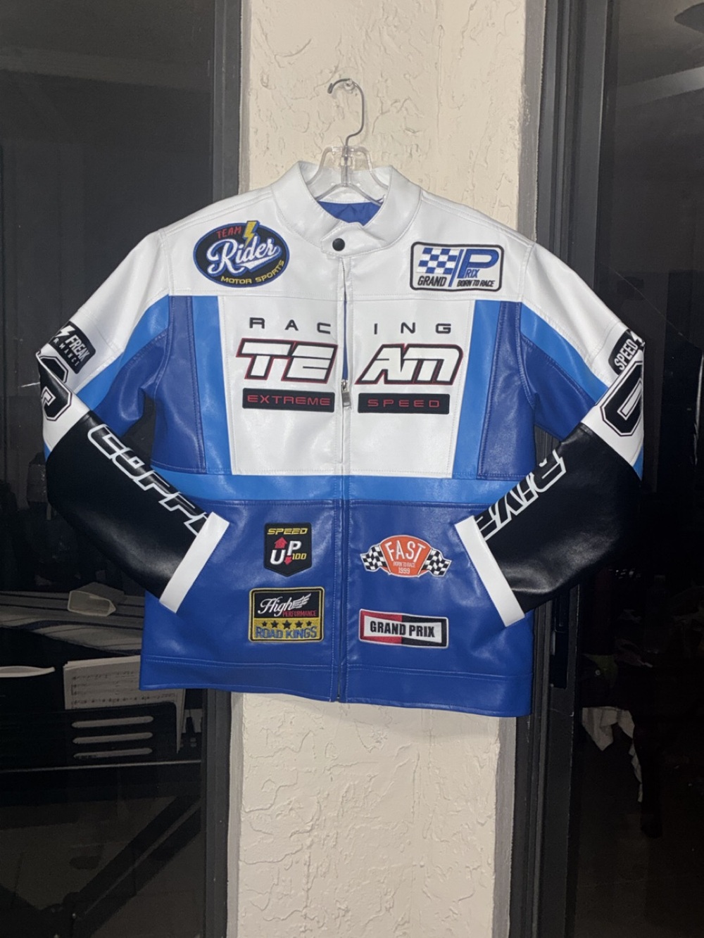 Blue and White Racing Patch Bomber Jacket